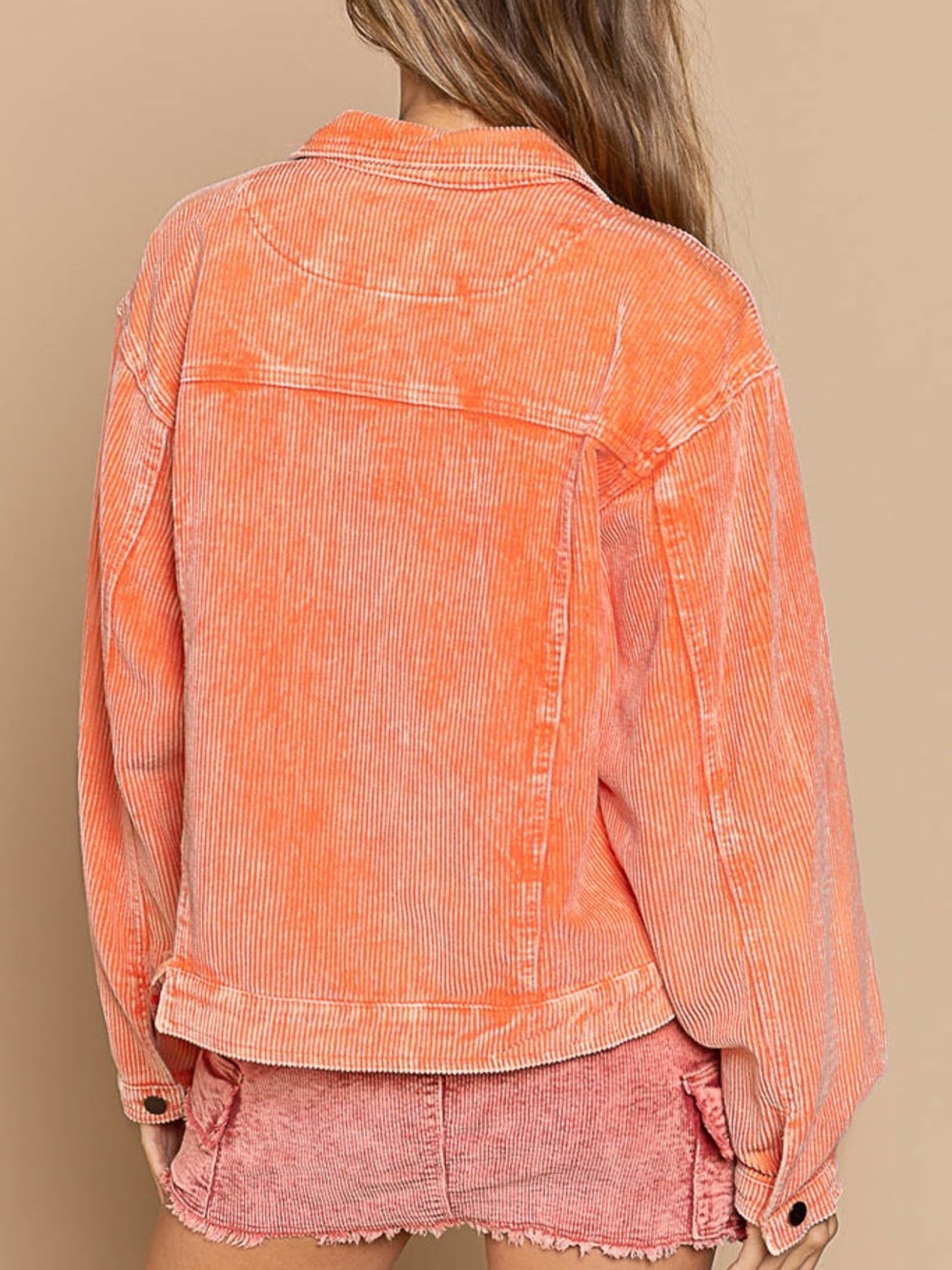 POL Corduroy Button Down Jacket Pockets Neon Orange Sz M - Picture 2 of 8